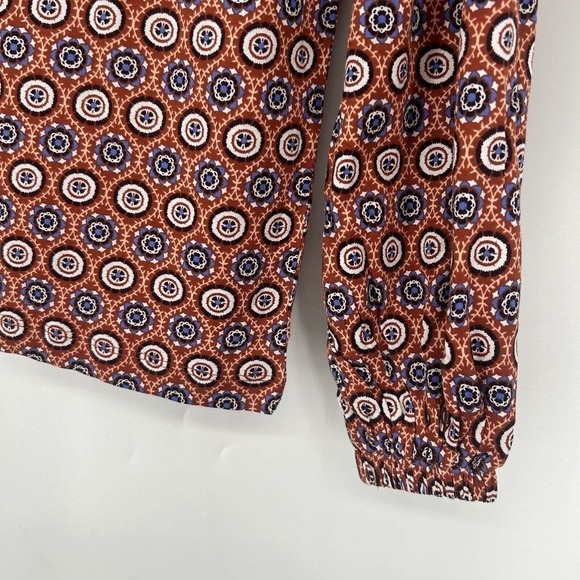 NEW LOFT Medallion Pleated V Neck Long Balloon Sleeve Tee Shirt Orange Size S - Picture 4 of 11